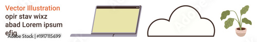 Cloud computing, eco-conscious technology, sustainable living, data storage, remote work, digital tools. Laptop, cloud icon and potted plant. Cloud computing and eco-conscious technology concept