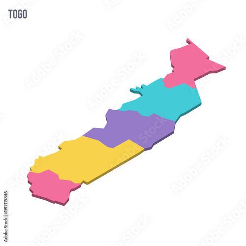 Togo political map of administrative divisions - regions. Colorful isometric blank vector map.