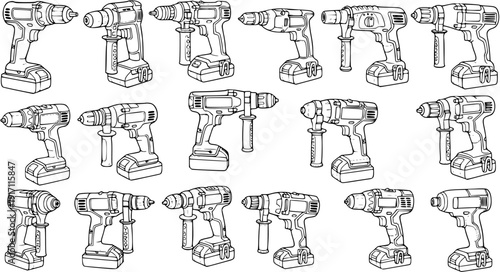 Detailed Hand-Drawn Power Drills Collection: Black and White Line Art Illustration Set Featuring Cordless Drills, Hammer Drills, and Impact Drivers for Construction.