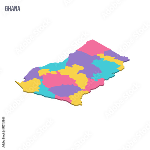 Ghana political map of administrative divisions - regions. Colorful isometric blank vector map.