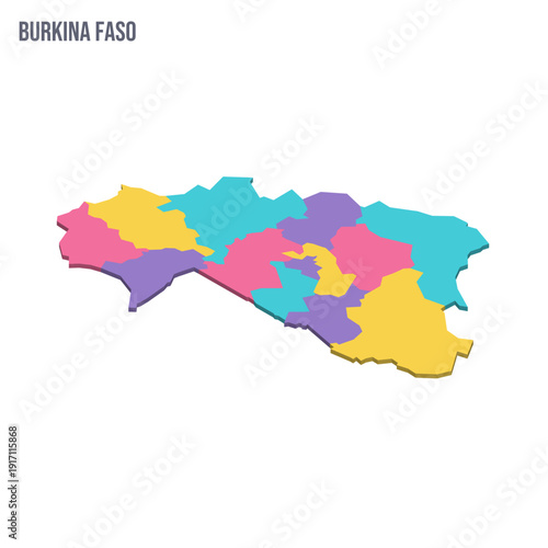 Burkina Faso political map of administrative divisions - regions. Colorful isometric blank vector map.