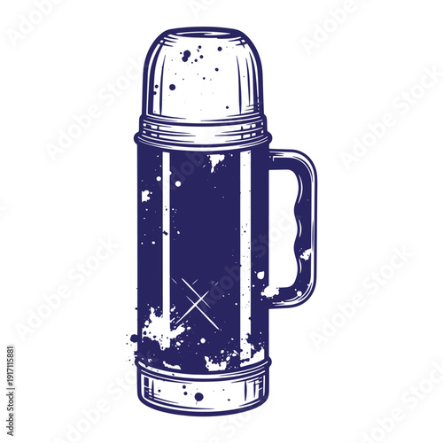 Grunge texture Vintage style illustration of a thermos flask with grunge effect  old metal vacuum flask with handle and lid Vintage Style