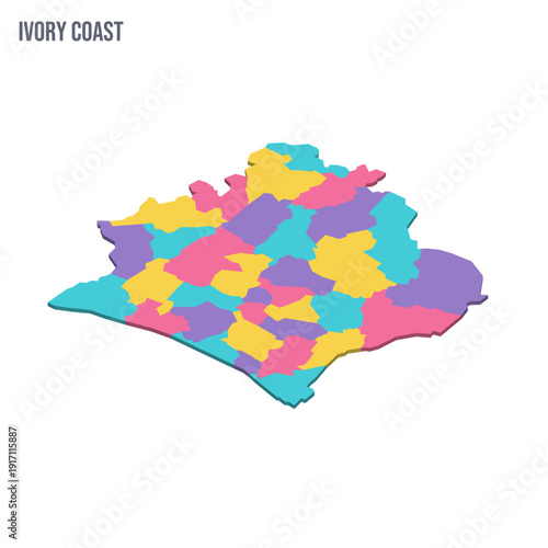 Ivory Coast political map of administrative divisions - regions and autonomous districts. Colorful isometric blank vector map.