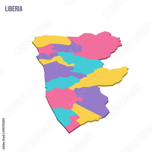 Liberia political map of administrative divisions - counties. Colorful isometric blank vector map.