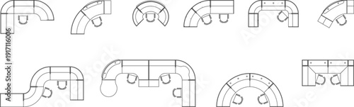 Comprehensive modular office furniture set featuring curved desks, circular workstations, and creative floor plan symbols.