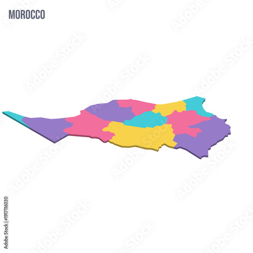 Morocco political map of administrative divisions - regions. Colorful isometric blank vector map.
