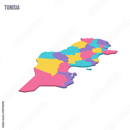 Tunisia political map of administrative divisions - governorates. Colorful isometric blank vector map.
