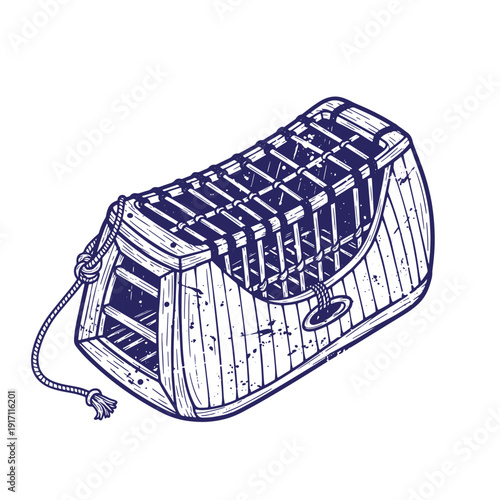 Grunge texture Vintage wooden trap with rope and metal trigger on white background for hunting and wildlife control purposes effectively Vintage Style