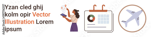 Business planning, project management, data analysis, workflow organization, travel planning, scheduling. Woman analyzing data, calendar and airplane icon. Business planning and project management