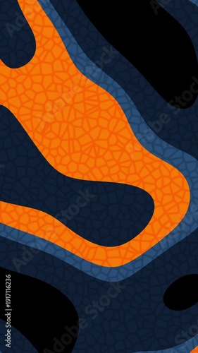 Animated abstract mosaic composition featuring a flowing orange ribbon and layered dark blue waves with tile texture ideal for backgrounds and motion graphics.