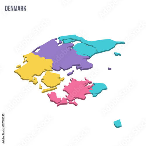 Denmark political map of administrative divisions - regions. Colorful isometric blank vector map.