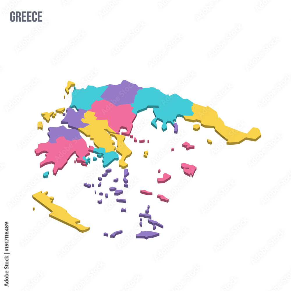 Obraz premium Greece political map of administrative divisions - decentralized administrations and autonomous monastic state of Mount Athos. Colorful isometric blank vector map.