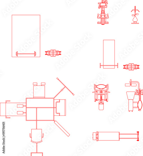 Professional gym equipment collection featuring treadmill, exercise bike, and weight benches for fitness center floor plans.