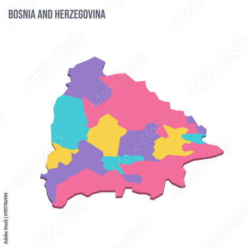 Bosnia and Herzegovina political map of administrative divisions - cantons of Federation of Bosnia and Herzegovina and Republika Srpska. Colorful isometric blank vector map.