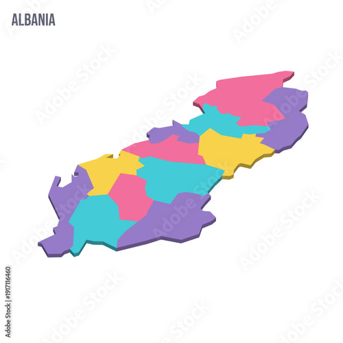 Albania political map of administrative divisions - counties. Colorful isometric blank vector map.