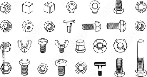 Hardware Collection: Line Art Illustration of Fasteners, Nuts, Bolts, Washers, and More