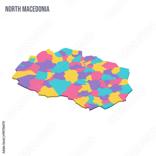 North Macedonia political map of administrative divisions - municipalities. Colorful isometric blank vector map.