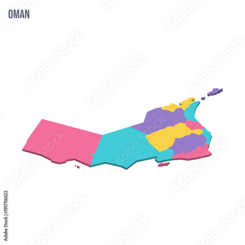 Oman political map of administrative divisions - governorates. Colorful isometric blank vector map.