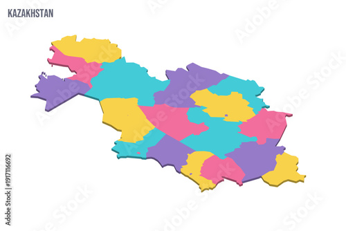 Kazakhstan political map of administrative divisions - regions and cities with region rights and city of republic significance Baikonur. Colorful isometric blank vector map.