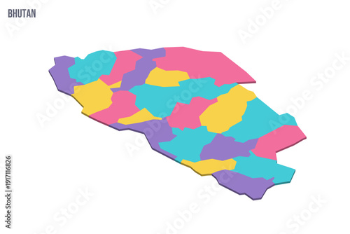 Bhutan political map of administrative divisions - districts. Colorful isometric blank vector map.