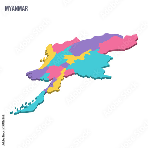 Myanmar political map of administrative divisions - states, regions and Naypyitaw Union Territory. Colorful isometric blank vector map.