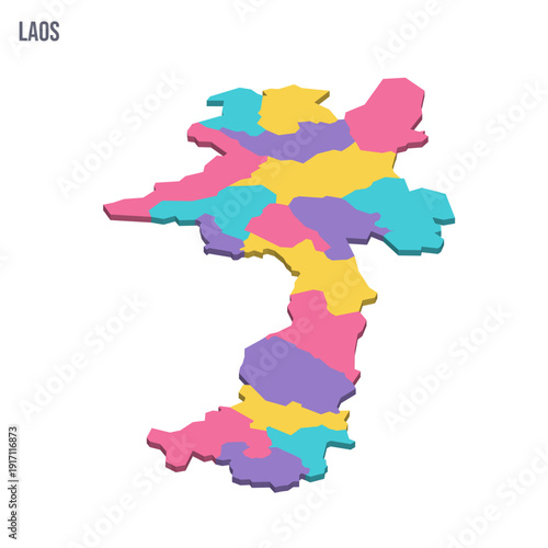 Laos political map of administrative divisions - provinces and prefecture of Vientiane. Colorful isometric blank vector map.