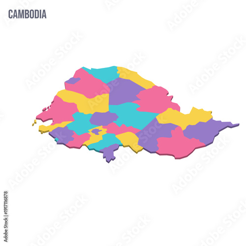 Cambodia political map of administrative divisions - provinces and autonomous municipality of Phnom Penh. Colorful isometric blank vector map.