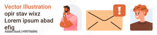 Email notifications, communication issues, digital alerts, inbox message notifications, online communication, email safety. You see an envelope with an alert, a cautious man and a person. Email