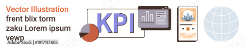 Business analytics, performance tracking, data visualization, mobile app, global communication, productivity tools. Graphs, KPI display smartphone pie chart and globe. Business analytics