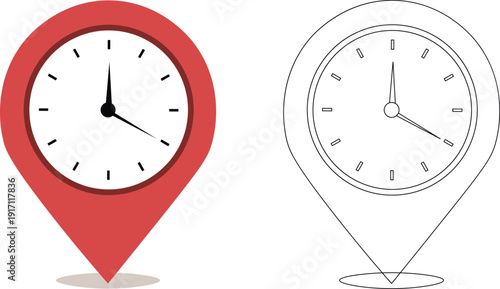 Time Location Pin Vector Icon Set – Map Marker with Clock and Schedule Symbol