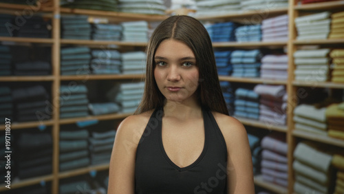 Fotografie Teen girl wears black tank top and looks into camera amid stacked sweaters in clothing shop; confidence