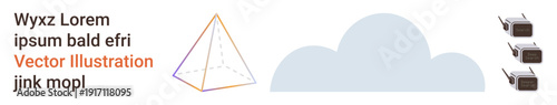 quadcopter technology, cloud computing, data transmission, futuristic design, geometry, remote operations. A geometric pyramid, cloud shape and Quadcopters displayed. Drone technology and cloud