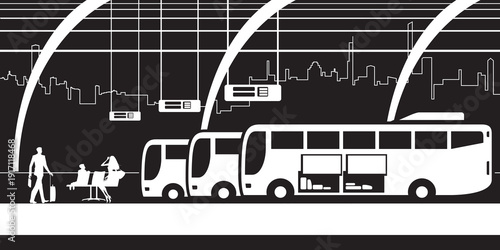 Passengers  on platform at bus station station - vector illustration