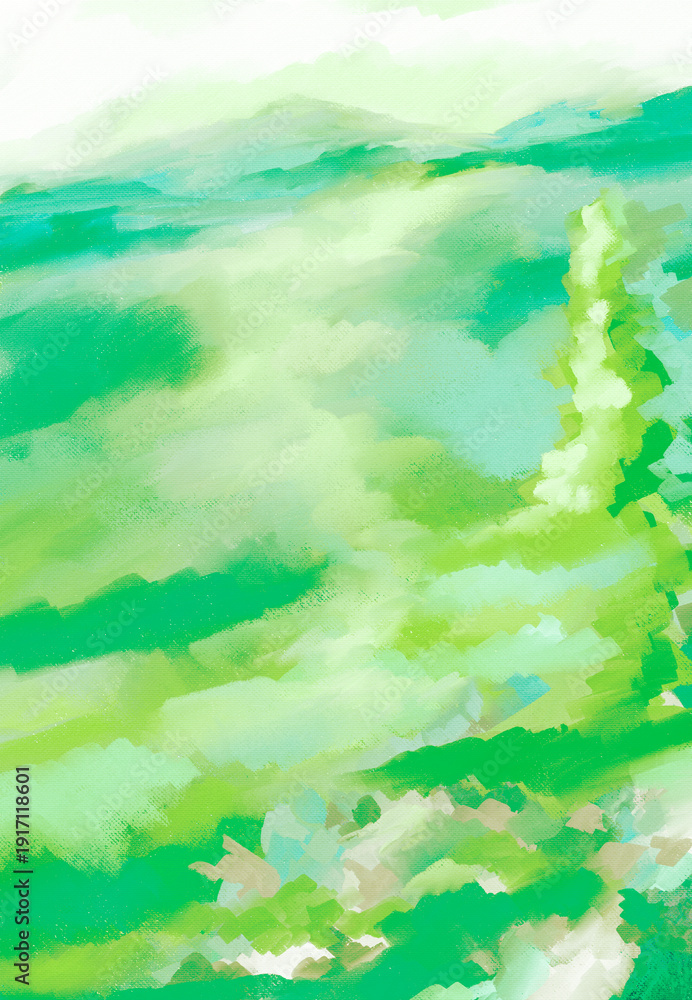 Fototapeta premium Abstract or Impressionistic Landscape of Cloud in Sly above Mountains w/Rolling Foothills & Pine Tree in Forefront - Digital Painting, Art, Design, Illustration, Design-in Green, Teal, Aqua, & Mauve