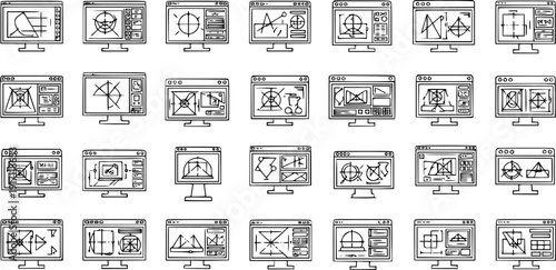 Hand-Drawn Line Art Monitor Icons Set: CAD, Engineering, and Technical Drawing Software Interfaces. Doodle Style Vector Graphics for Design and Development.