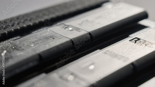 Row of modern electronic components with a shallow depth of field.