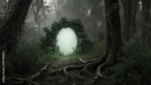 Mysterious glowing portal in a dark enchanted forest.