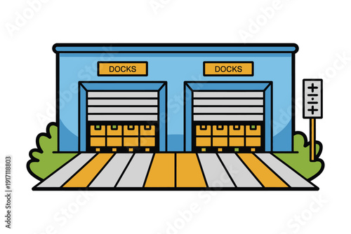 Warehouse loading docks display stacked boxes ready for shipment illustration.