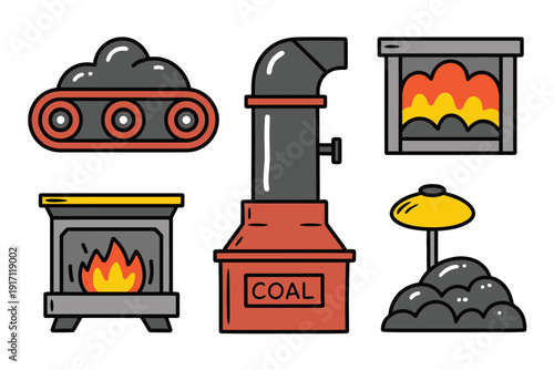 Coal mining and combustion icons illustrate industrial energy production.