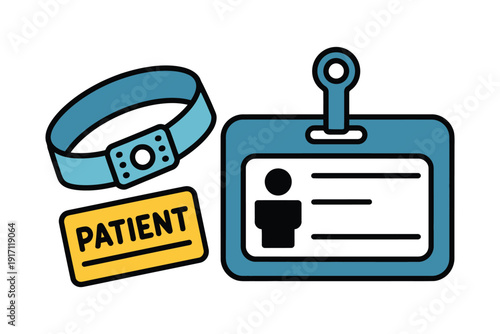 Patient identification bracelet sits next to a hospital access badge for.