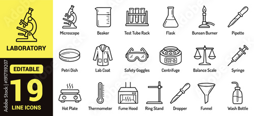 Laboratory equipment icon set with microscope, beaker, test tube rack, flask, bunsen burner, pipette, petri dish, centrifuge, safety goggles, fume hood, and essential science ranking symbols