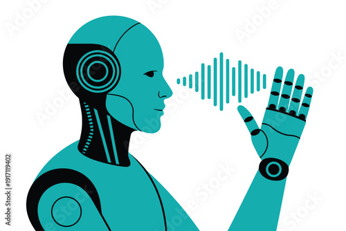 Robot interacting with sound waves using its metallic hand near its face.