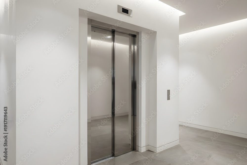 Fototapeta premium Stainless Mirrored Elevator Doors Framed By Smooth Plaster For Premium Construction, Modern Lobbies, And Interior Styling