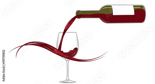 A vector graphic illustration of red wine pouring from a bottle into a glass