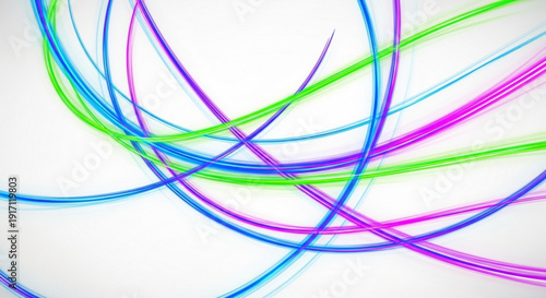 A colorful abstract vector graphic featuring swirling lines in blue, green, purple, and pink hues on a white background.