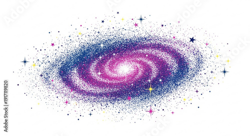 A vibrant purple and blue galaxy illustration with stars on a white background