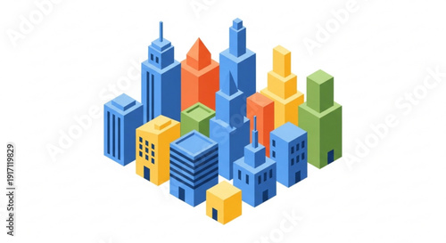 A colorful vector graphic illustration of a modern city skyline with various buildings