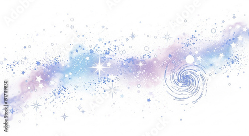 A whimsical vector graphic of a swirling galaxy with stars and stardust in shades of blue, purple, and white.