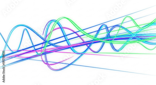 A colorful vector graphic illustration of swirling lines and curves in blue, green, and purple hues on a white background