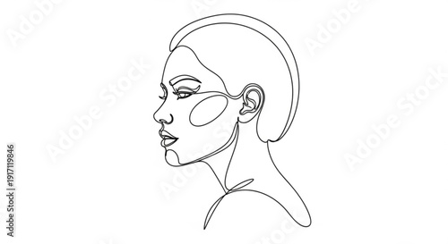 A minimalist line art illustration of a woman's face with eye masks, representing self-care and relaxation.